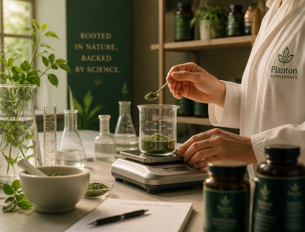 A Leaf&Life formulator weighing green powder at the lab bench